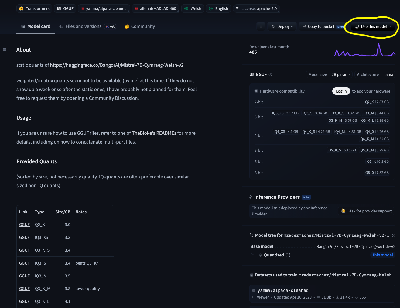 screenshot of mradermacher/Mistral-7B-Cymraeg-Welsh-v2-GGUF on Huggingface