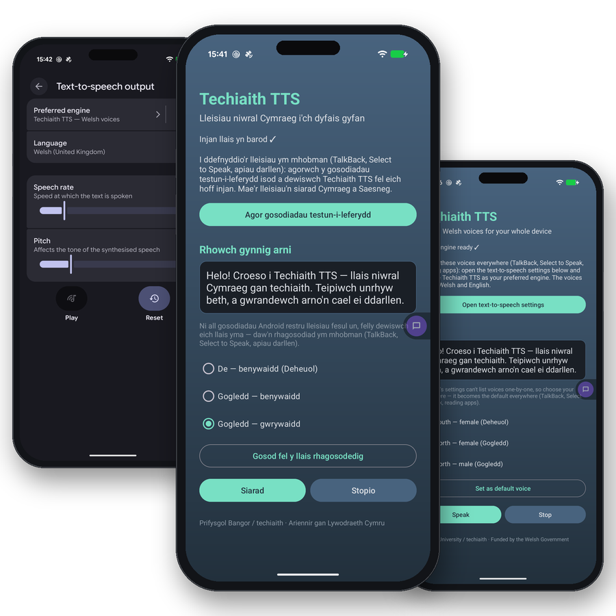 Tri ffôn yn dangos ap Techiaith TTS yn Gymraeg ac yn Saesneg a gosodiadau testun-i-leferydd Android